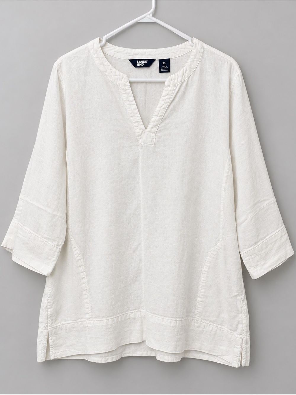 Lands' End Linen Blend Tunic Top Womens XL White 55% Linen Split Neck 3/4 Sleeve